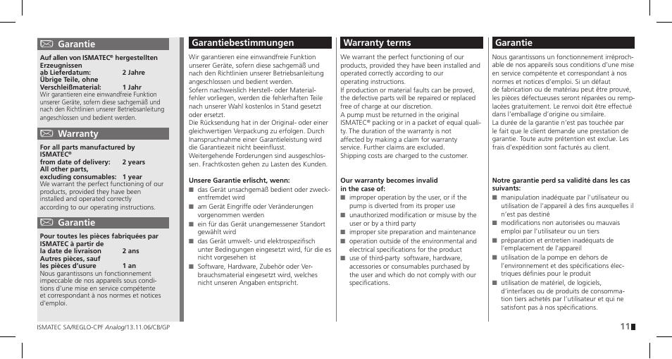 Garantiebestimmungen, Warranty terms, Garantie | Warranty | IDEX Health & Science REGLO CPF Analog User Manual | Page 11 / 36
