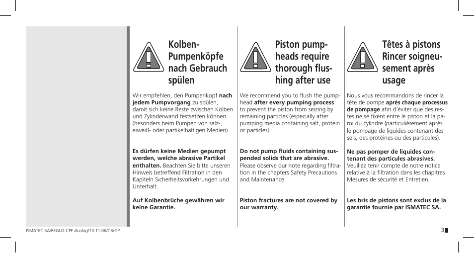 Têtes à pistons rincer soigneu- sement après usage, Kolben- pumpenköpfe nach gebrauch spülen | IDEX Health & Science REGLO CPF Analog User Manual | Page 3 / 36