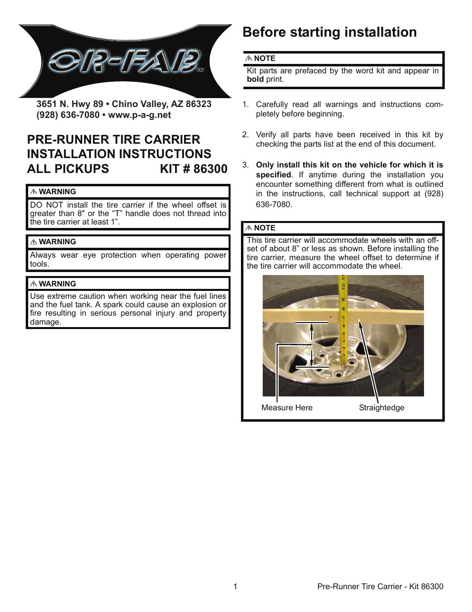 OR-Fab 86300 PRE RUNNER TIRE CARRIER - ALL PICKUPS User Manual | 3 pages