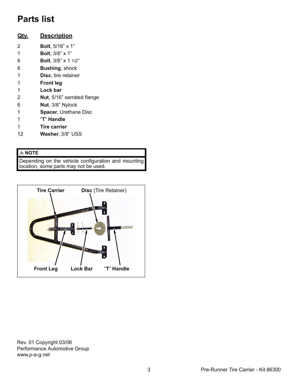 Parts list | OR-Fab 86300 PRE RUNNER TIRE CARRIER - ALL PICKUPS User Manual | Page 3 / 3