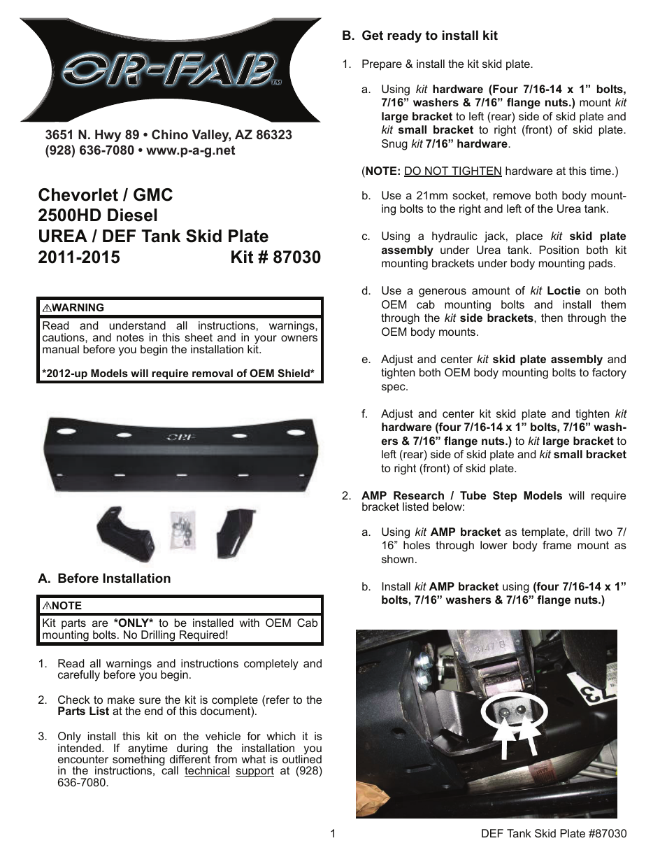 OR-Fab 87030 DEF Skid Plate For 2011 - 2015 Chevy/GMC 2500 HD Duramax Diesel Pickups User Manual | 2 pages