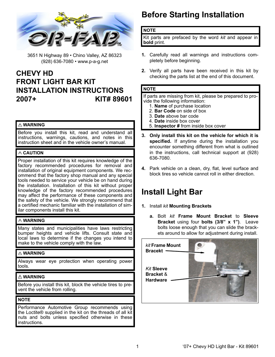 OR-Fab 89601 PRO LIGHT BAR - CHEVY 2500/3500 User Manual | 3 pages