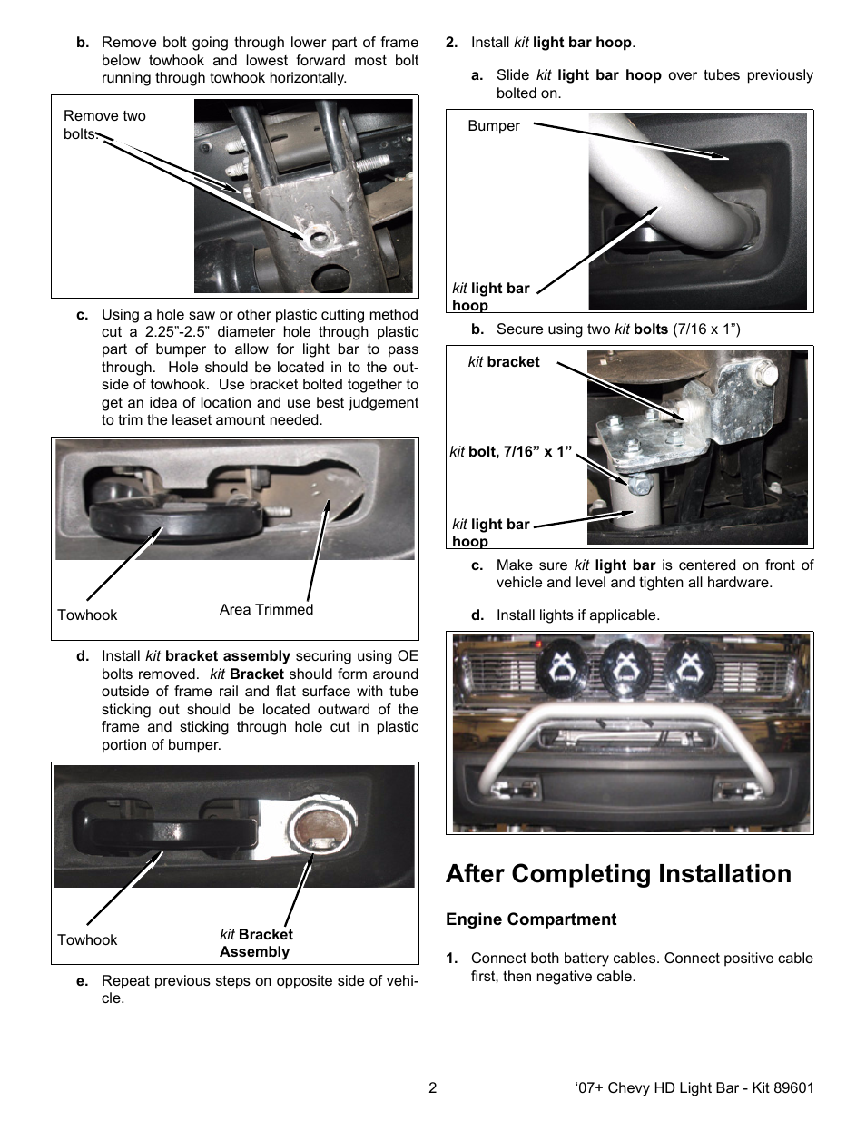 Install kit light bar hoop, B. secure using two kit bolts (7/16 x 1”), D. install lights if applicable | After completing installation, Engine compartment | OR-Fab 89601 PRO LIGHT BAR - CHEVY 2500/3500 User Manual | Page 2 / 3