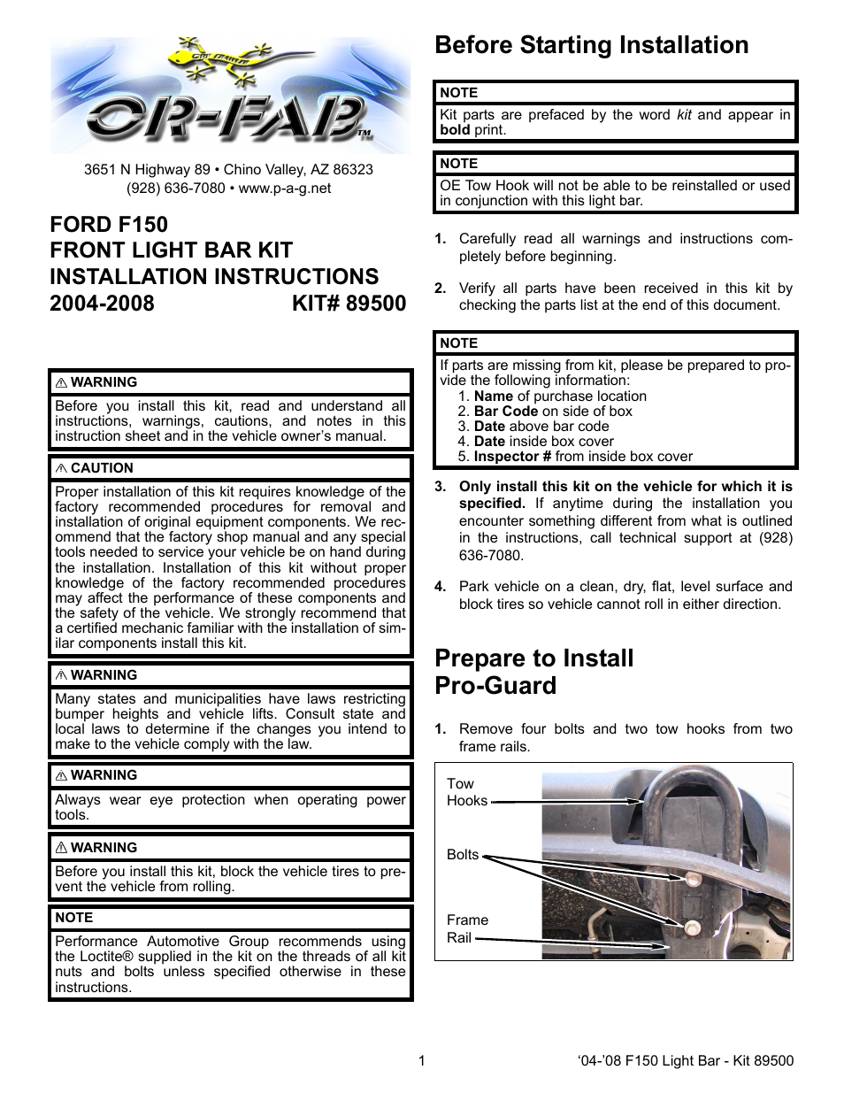 OR-Fab 89500 PRO-LIGHT BAR - FORD F150 4-DOOR User Manual | 2 pages