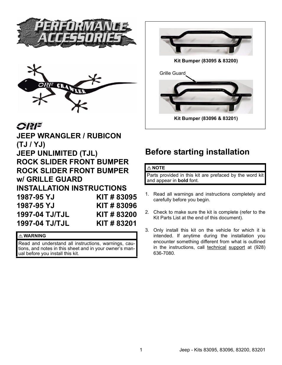 OR-Fab 83201 JEEP TJ-TJL ROCK SLIDER FRONT BUMPER W/GRILL GUARD (97-05 TJ & 04-05 TJL) User Manual | 2 pages