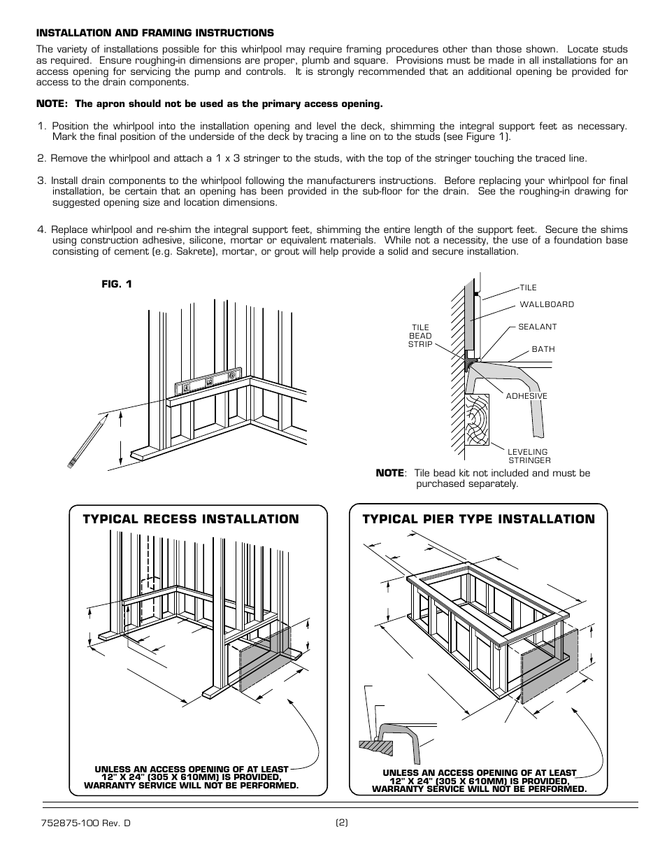 Typical recess installation, Typical pier type installation | American Standard Williamsburg Elite 2425E SERIES User Manual | Page 2 / 4