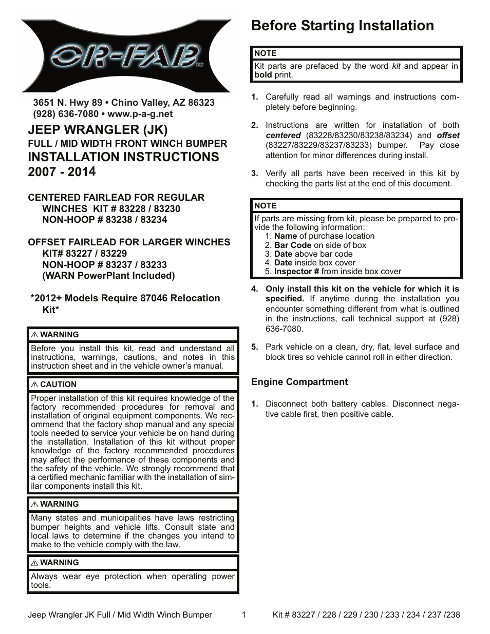 OR-Fab 83238 JK WRANGLER HD FULL WIDTH CENTER WINCH FRONT BUMPER User Manual | 5 pages