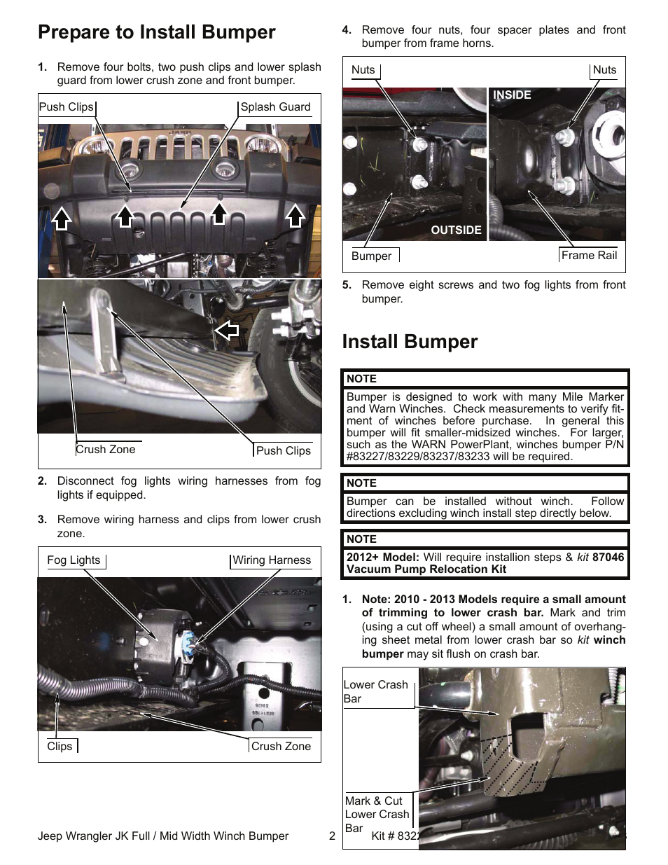 Prepare to install bumper, Install bumper | OR-Fab 83238 JK WRANGLER HD FULL WIDTH CENTER WINCH FRONT BUMPER User Manual | Page 2 / 5