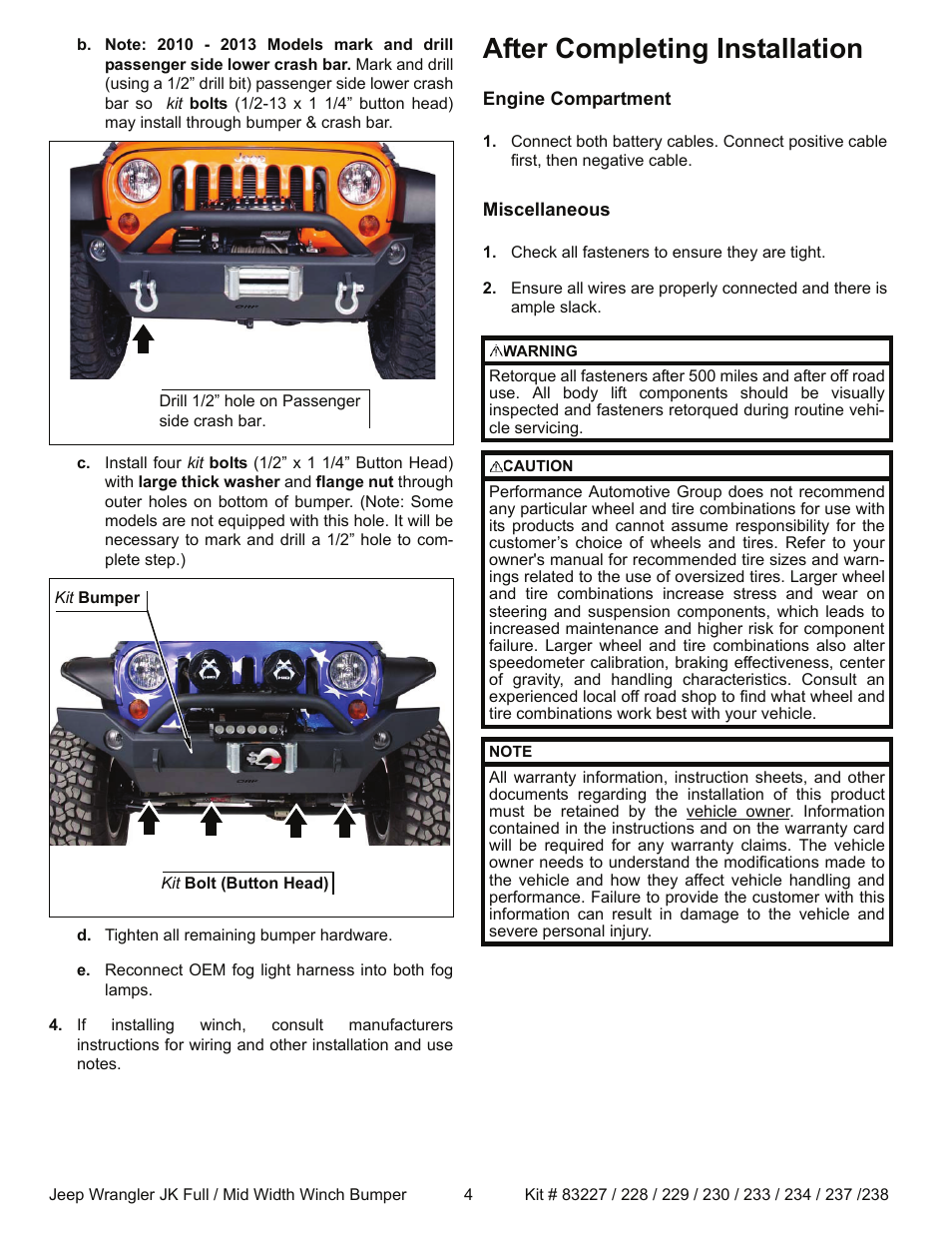 After completing installation | OR-Fab 83238 JK WRANGLER HD FULL WIDTH CENTER WINCH FRONT BUMPER User Manual | Page 4 / 5