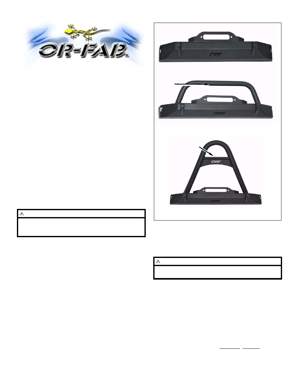 OR-Fab 83662 JEEP TJ FRONT WINCH BUMPER WITH STINGER User Manual | 2 pages