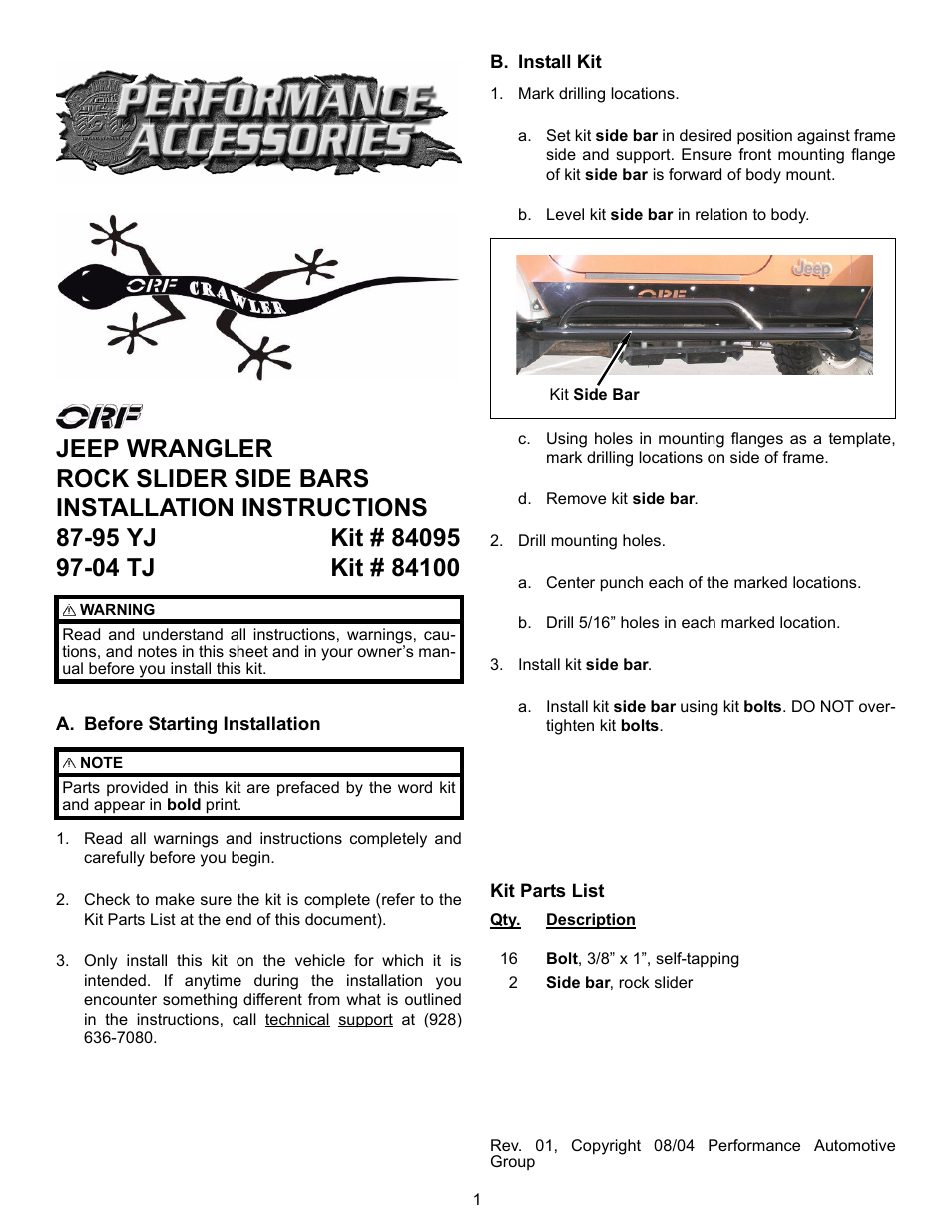 OR-Fab 84100 ROCK SLIDER SIDE BAR TJ User Manual | 1 page