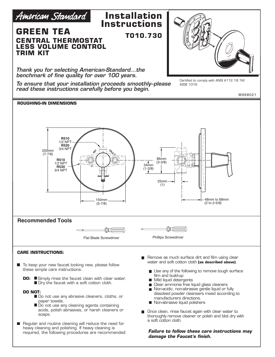 American Standard T010.730 User Manual | 9 pages