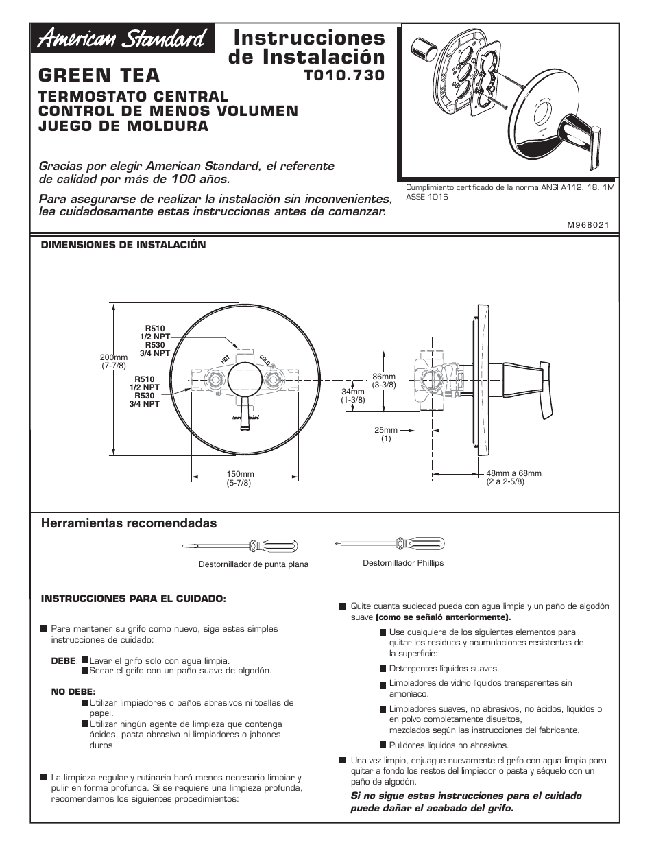 Green tea_t010730-ls, Instrucciones de instalación, Green tea | Herramientas recomendadas | American Standard T010.730 User Manual | Page 7 / 9
