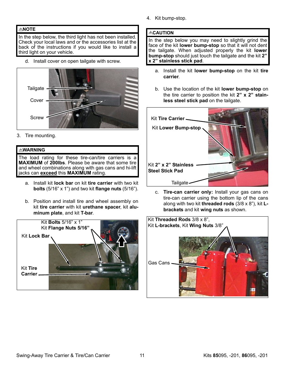 OR-Fab 86201 JEEP TJ SWING AWAY SPARE TIRE CARRIER - NON CANISTER User Manual | Page 11 / 12