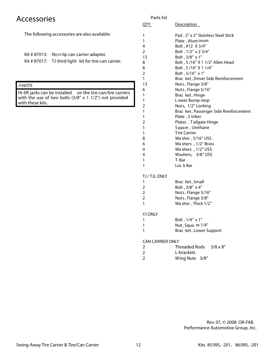 Accessories | OR-Fab 86201 JEEP TJ SWING AWAY SPARE TIRE CARRIER - NON CANISTER User Manual | Page 12 / 12