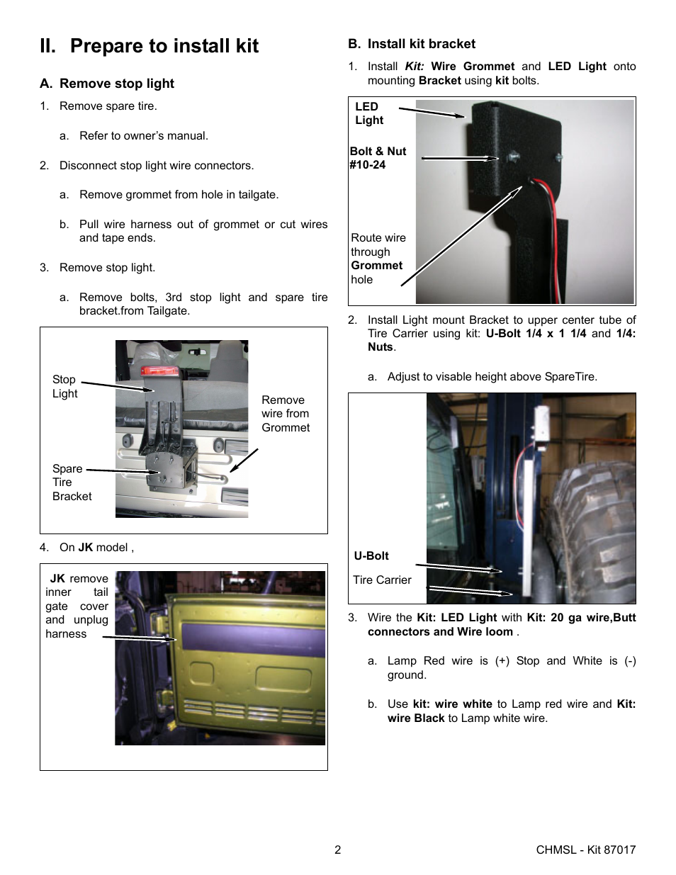 Ii. prepare to install kit | OR-Fab 87017 JEEP THIRD BRAKE LIGHT MOUNT FOR OR-FAB SPARE TIRE CARRIERS User Manual | Page 2 / 4