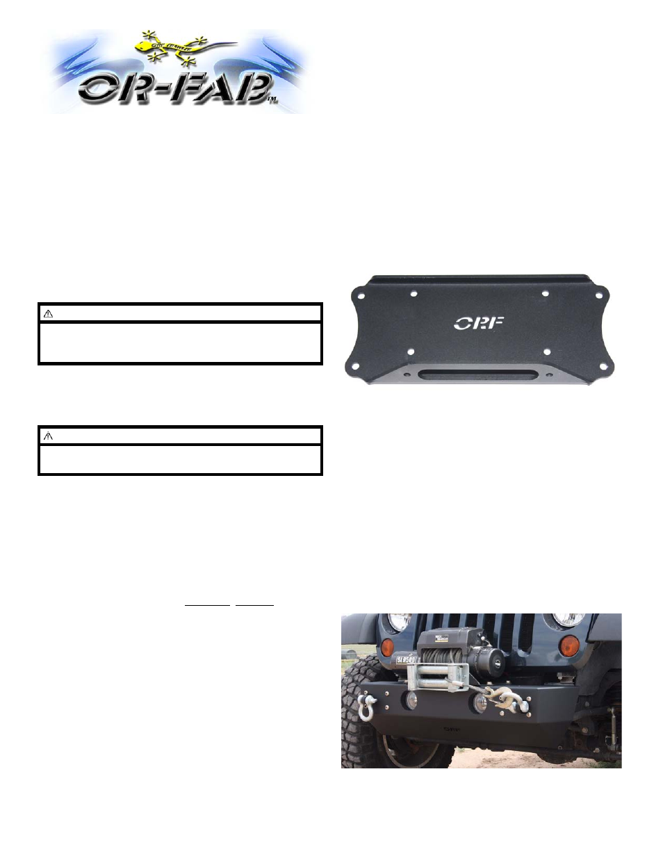 OR-Fab 87022 Winch Mounting Plate -- Fits OR-Fab Rock Slider Non-Winch Front Bumpers for Jeep JKs User Manual | 1 page