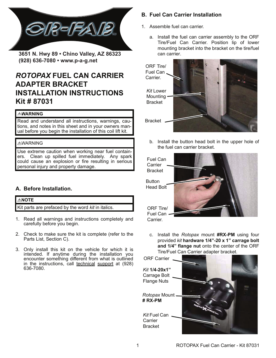 OR-Fab 87031 ROTOPAX FUEL CAN CARRIER ADAPTER BRACKET KIT User Manual | 2 pages