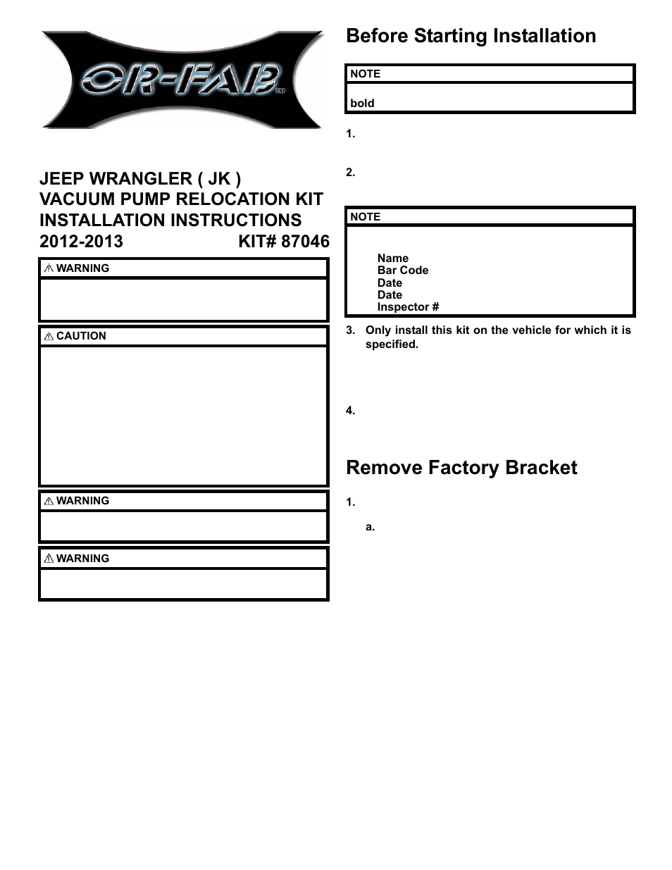 OR-Fab 87046 2012-2015 Jeep JK Vacuum Pump Relocation Kit User Manual | 3 pages