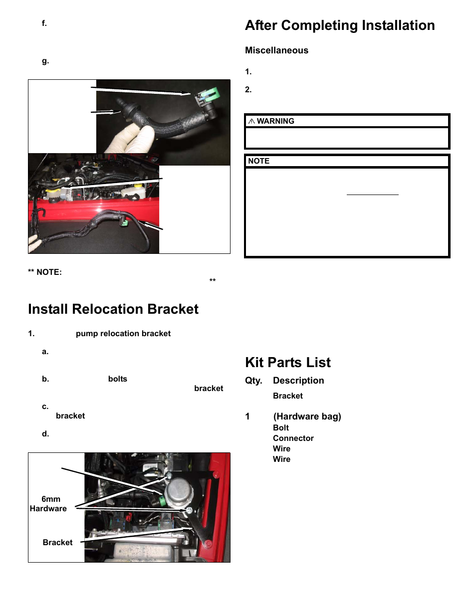 Install relocation bracket, After completing installation, Kit parts list | OR-Fab 87046 2012-2015 Jeep JK Vacuum Pump Relocation Kit User Manual | Page 3 / 3