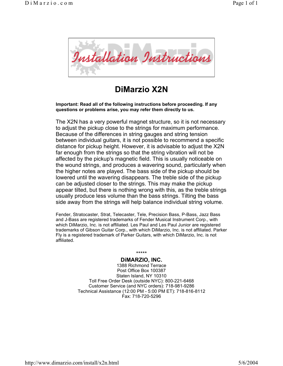 DiMarzio X2N User Manual | 1 page