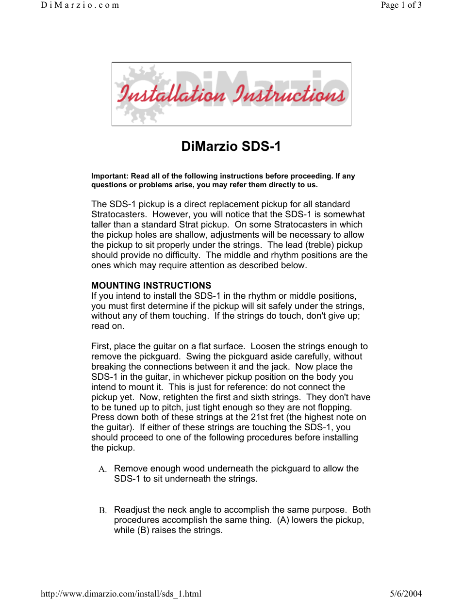 DiMarzio SDS-1 User Manual | 3 pages