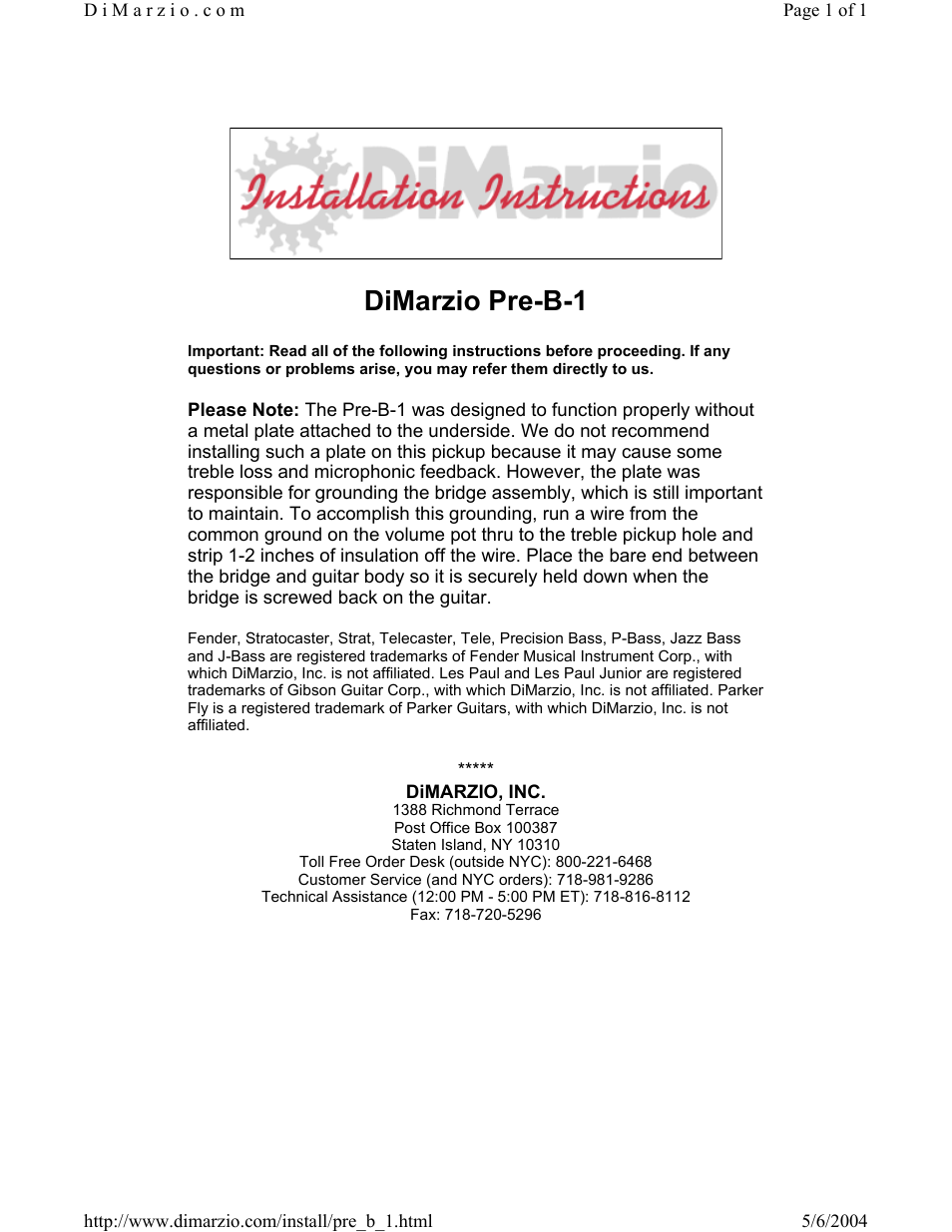 DiMarzio Pre B-1 User Manual | 1 page