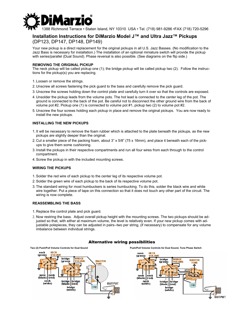 DiMarzio Model J User Manual | 1 page