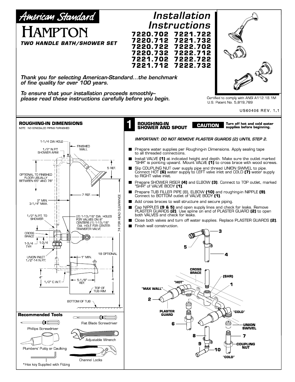 American Standard Hampton 7220.702 User Manual | 3 pages