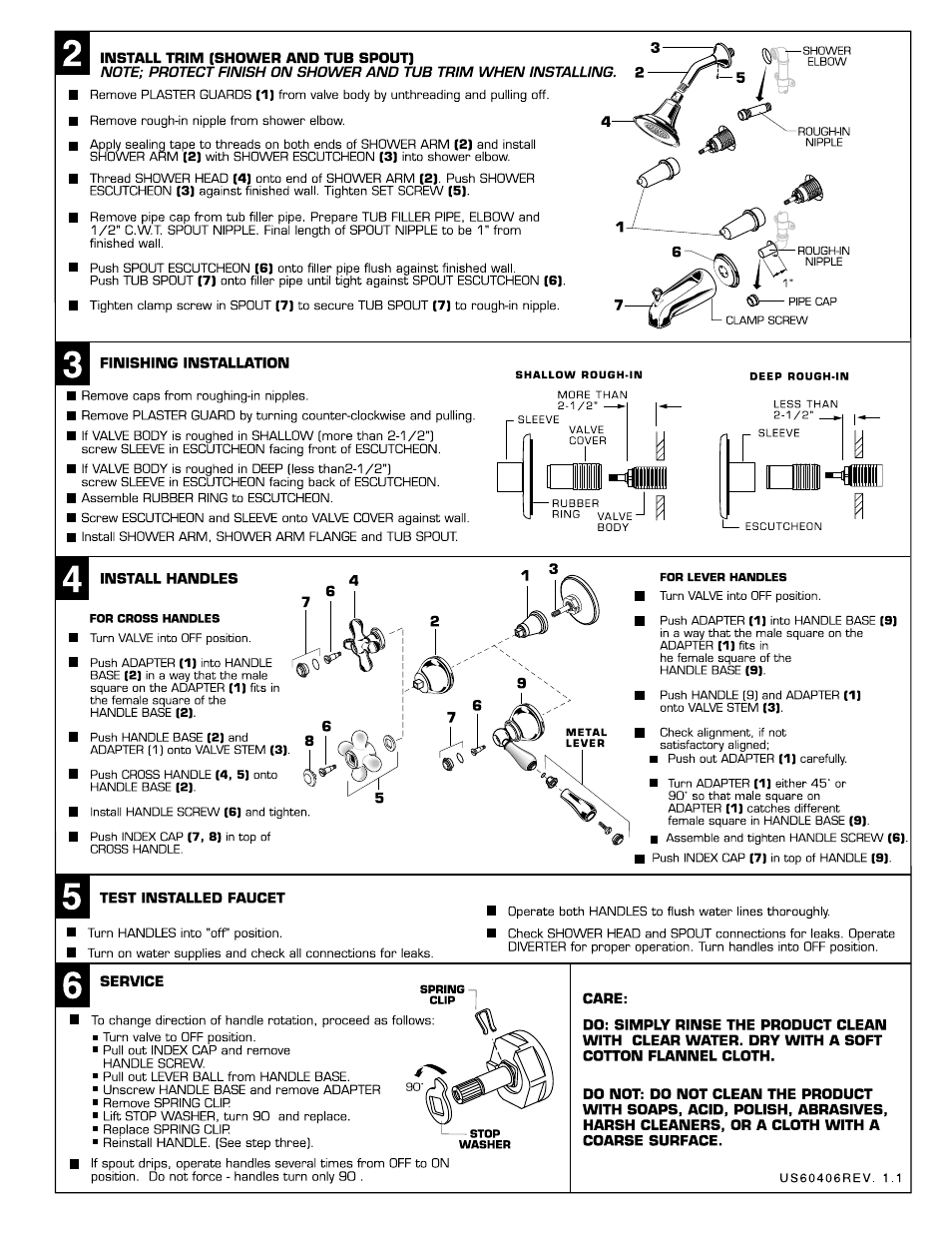 Install trim (shower and tub spout), Finishing installation, Install handles | Test installed faucet, Service | American Standard Hampton 7220.702 User Manual | Page 2 / 3