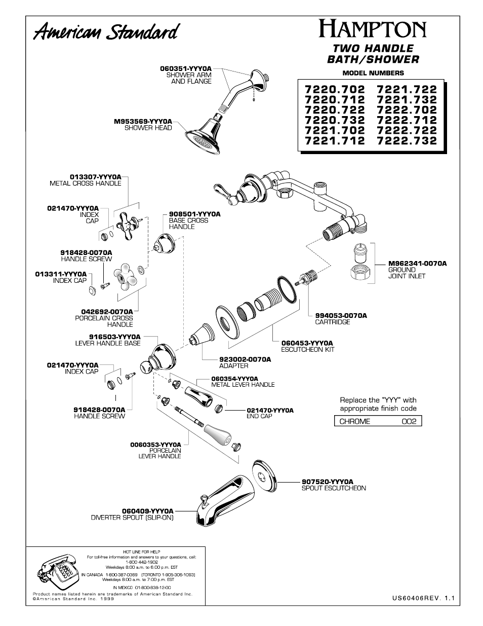 Hampton, Лм^ст skwdard, Two handle bath/shower | American Standard Hampton 7220.702 User Manual | Page 3 / 3