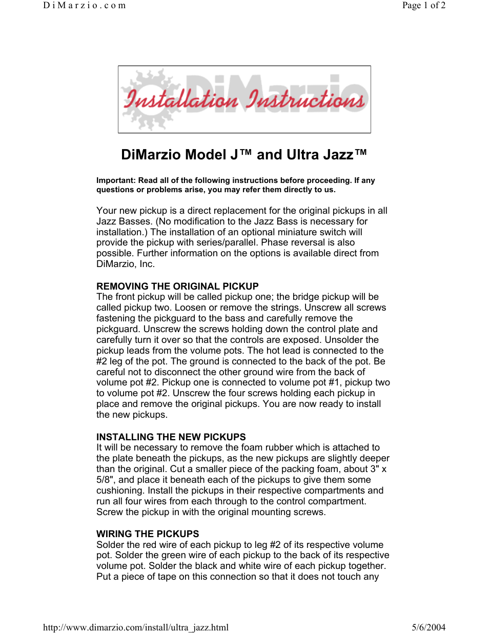 DiMarzio Ultra Jazz Set User Manual | 2 pages