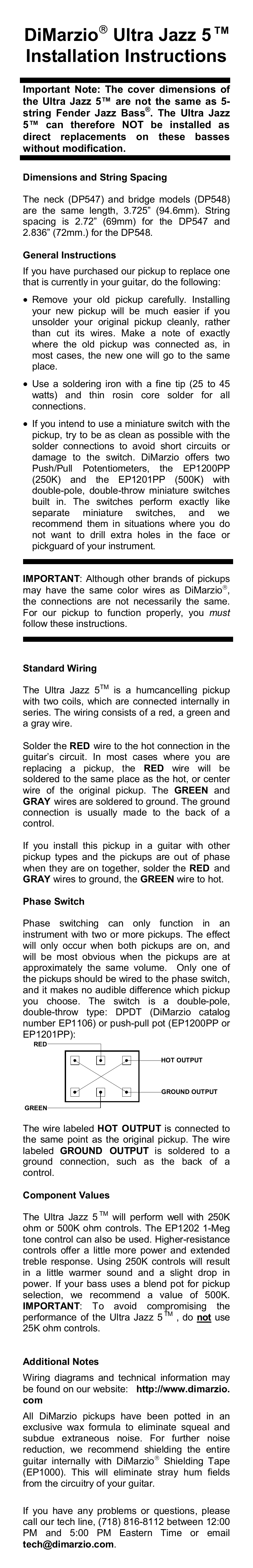 DiMarzio Ultra Jazz 5 Set User Manual | 1 page