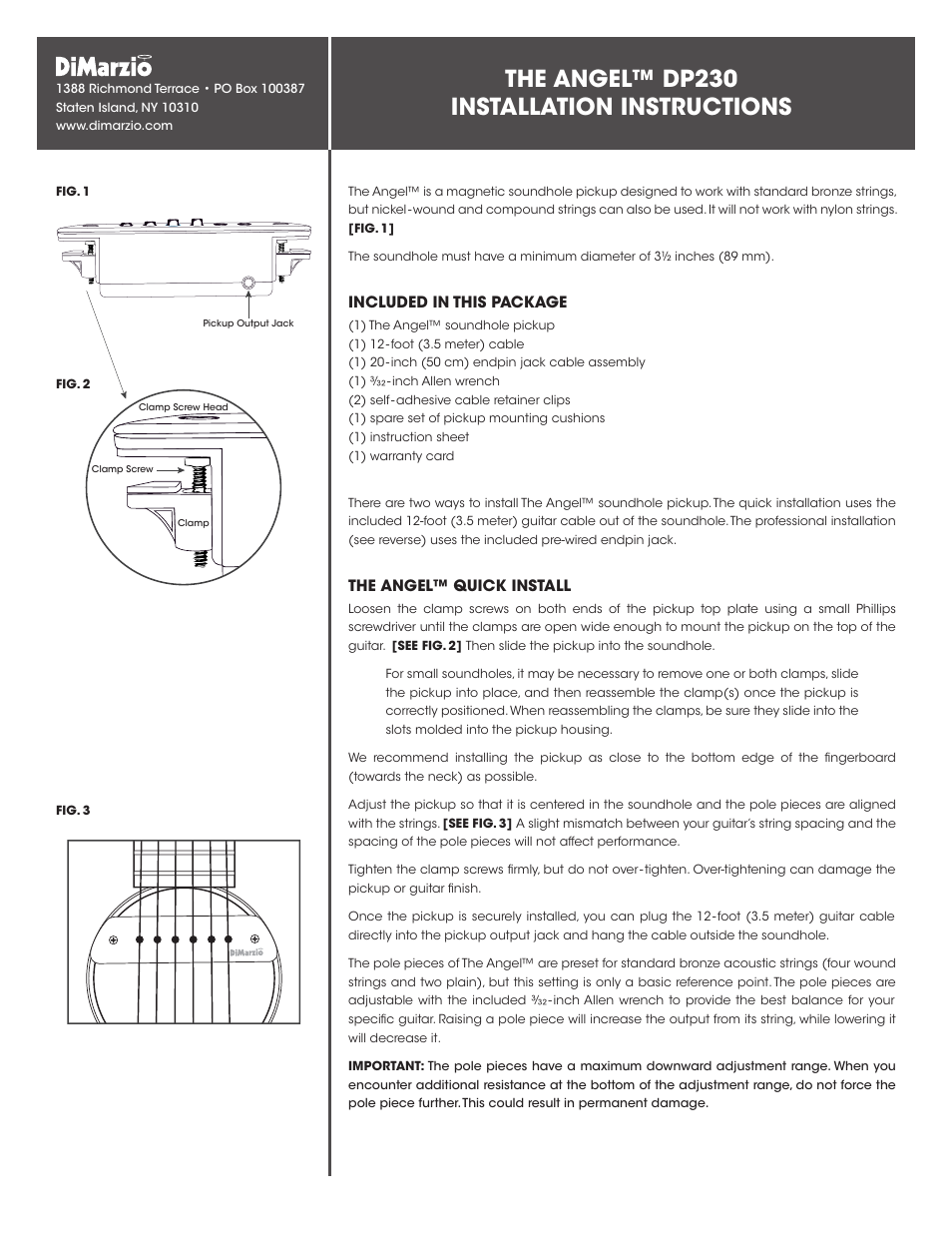 DiMarzio The Angel User Manual | 2 pages