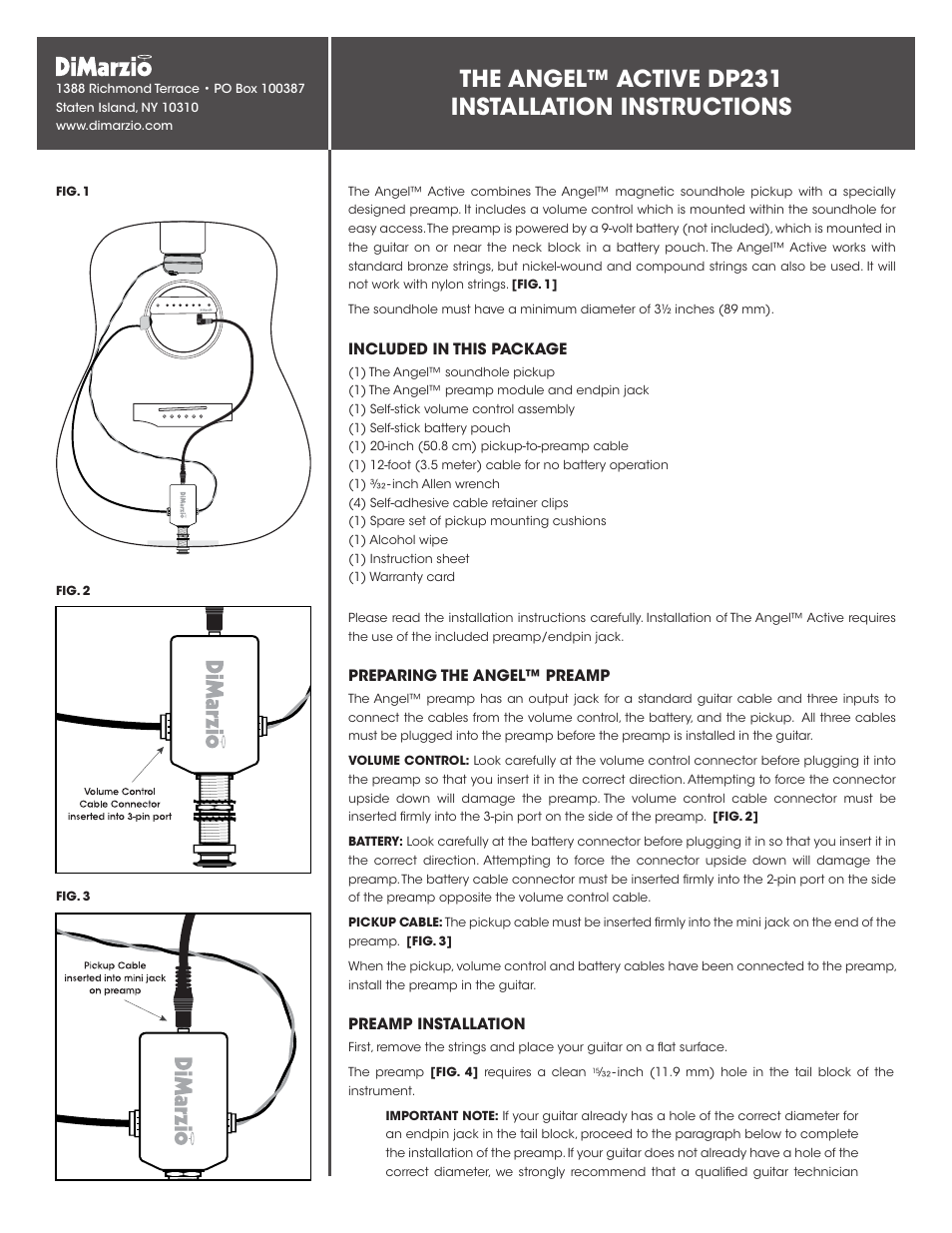 DiMarzio The Angel Active User Manual | 3 pages