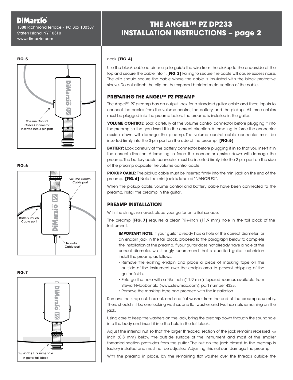 Preparing the angel™ pz preamp, Preamp installation | DiMarzio The Angel PZ User Manual | Page 2 / 3