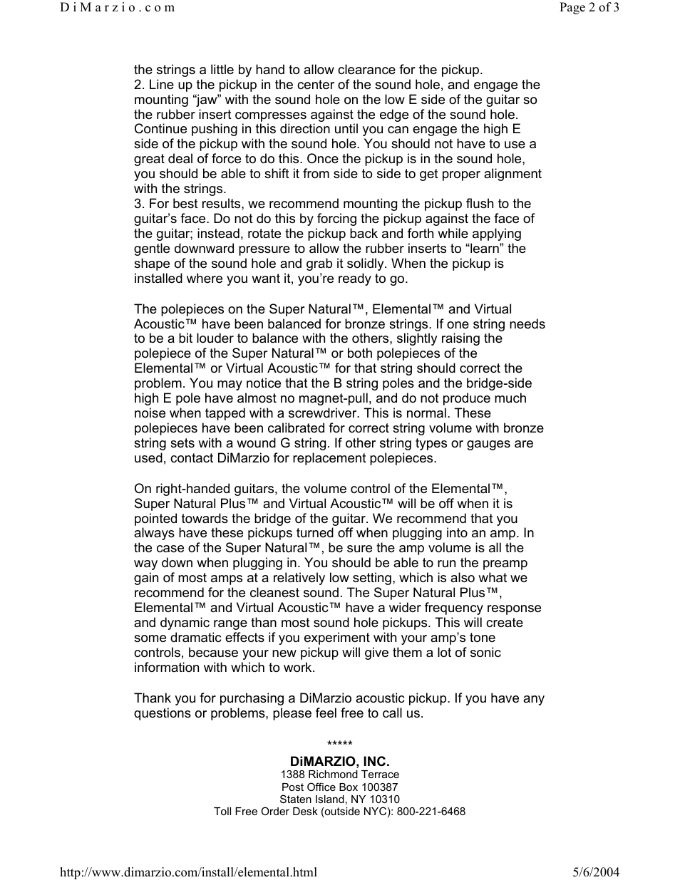 DiMarzio Elemental User Manual | Page 2 / 3