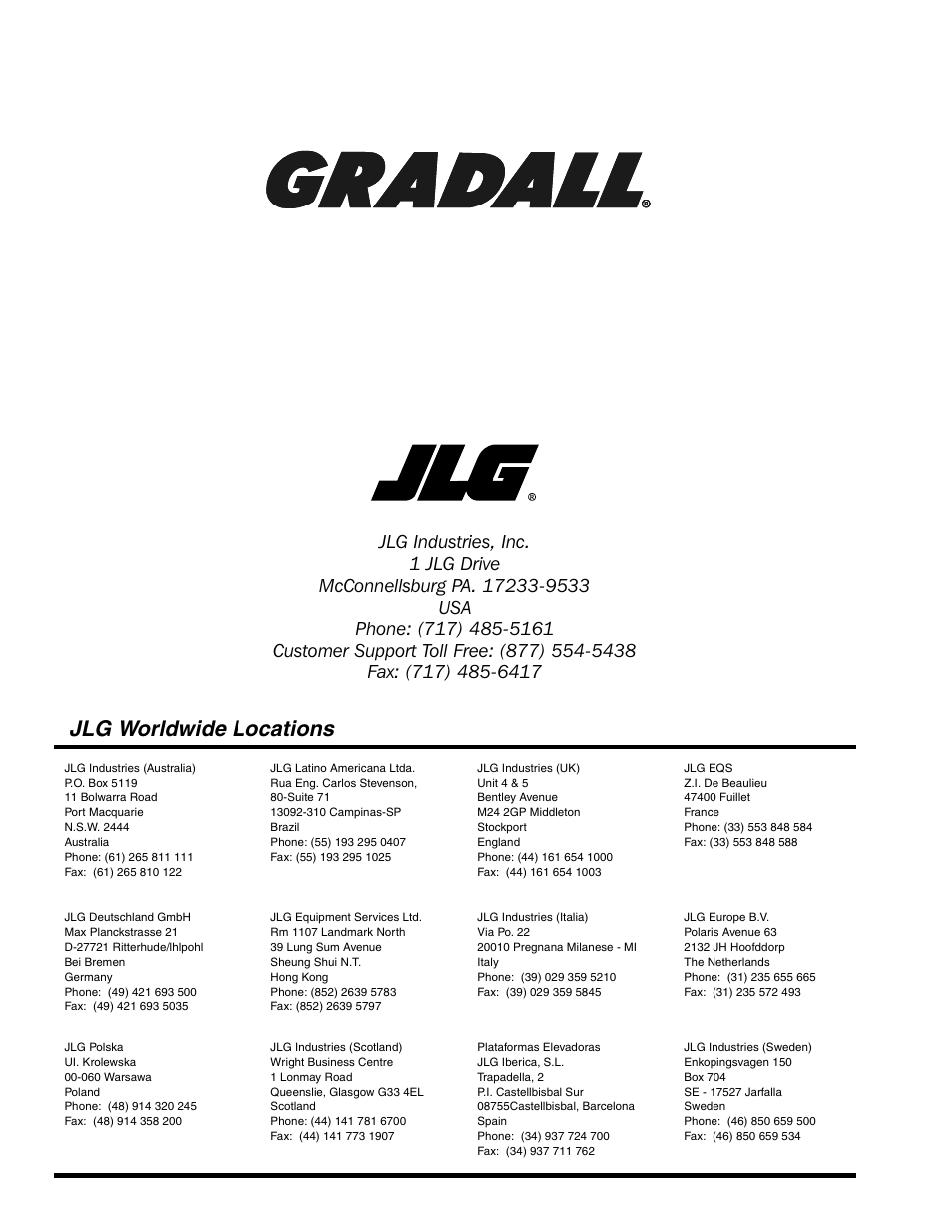 Jlg worldwide locations | Gradall 534D-6T Parts Manual User Manual | Page 258 / 258