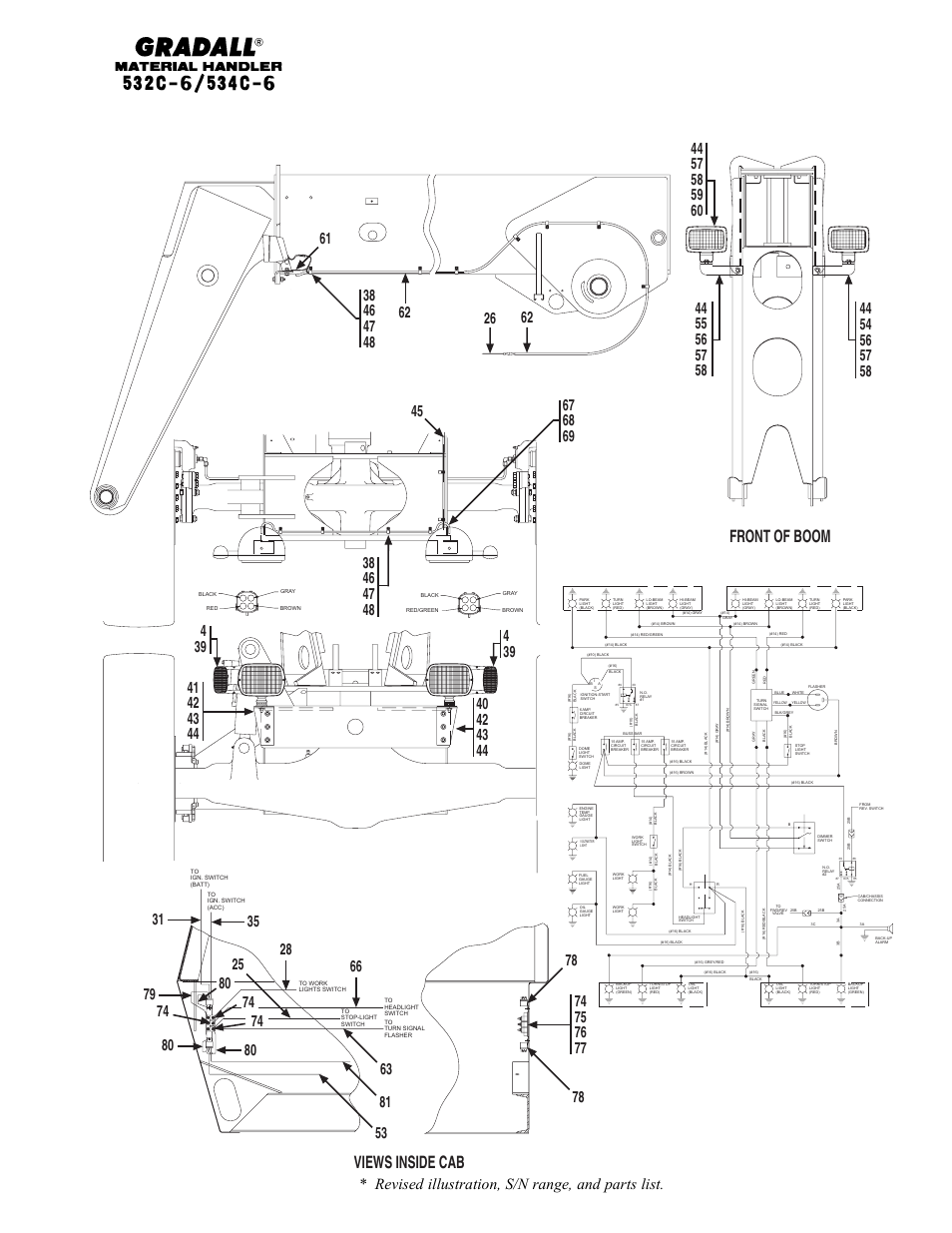 Front of boom, Views inside cab, Revised illustration, s/n range, and parts list | Gradall 534C-6 Parts Manual User Manual | Page 326 / 380