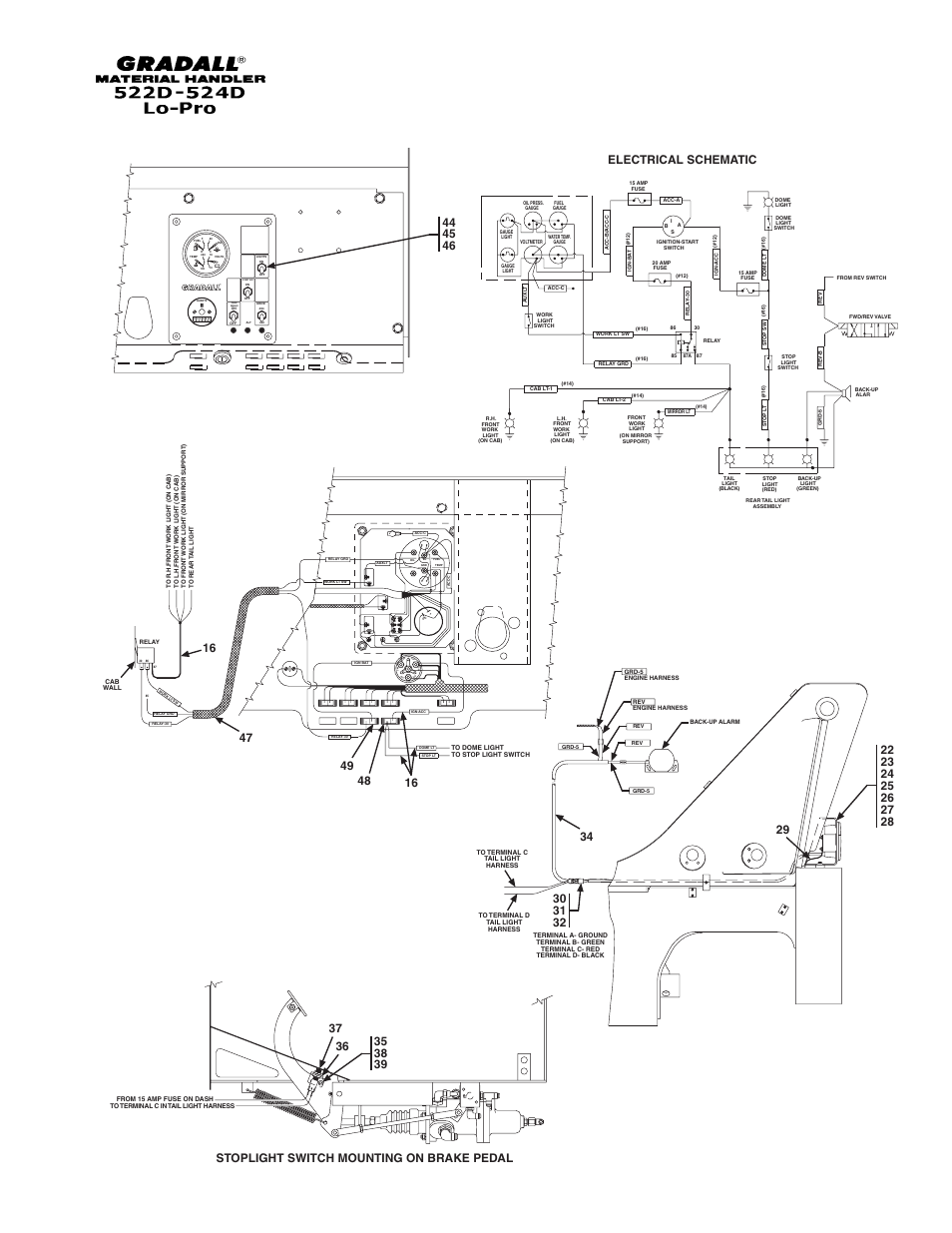 Ign ac c acc bat b at ign st, Stoplight switch mounting on brake pedal, Electrical schematic | Gradall 524D LoPro User Manual | Page 160 / 166