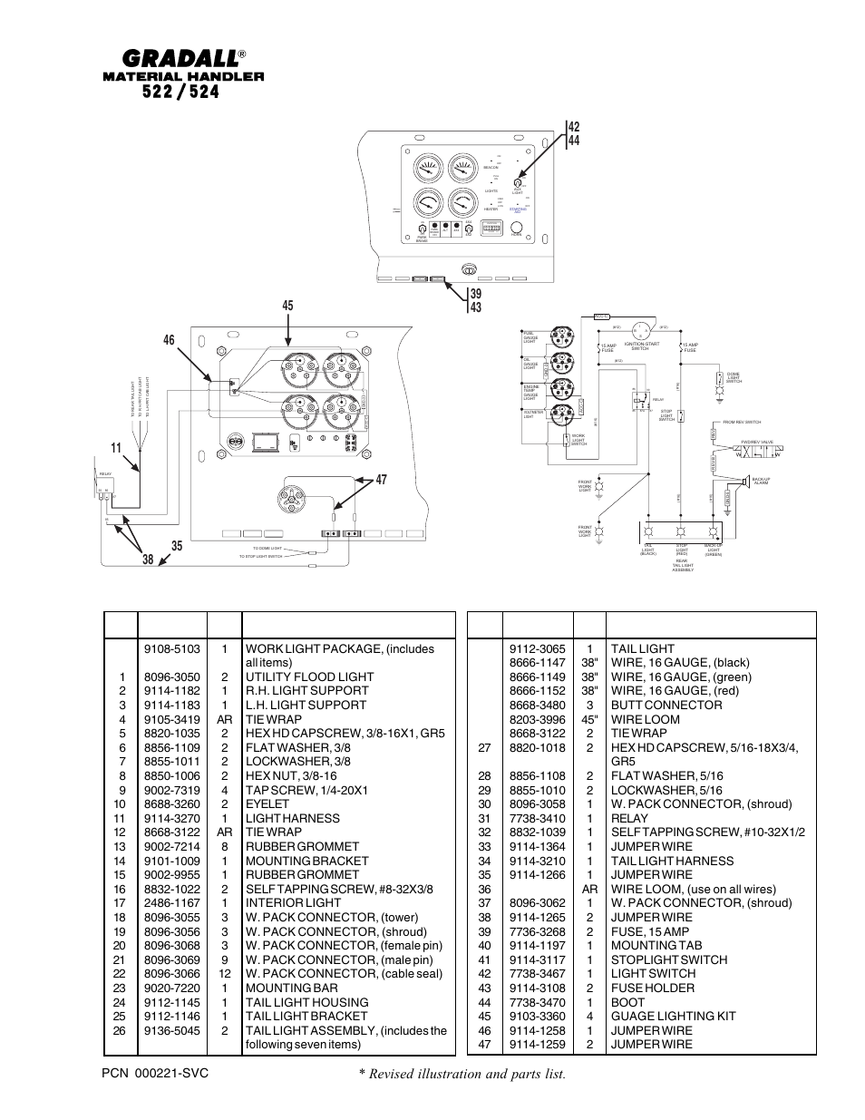 Partial view from above dash electrical schematic, Partial view from under dash, Revised illustration and parts list | Hours 1/10, Item part no. qty. description of part | Gradall 524 Parts Manual User Manual | Page 244 / 312