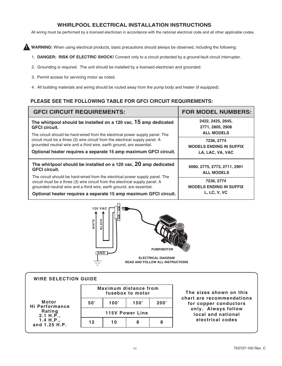 Gfci circuit requirements: for model numbers | American Standard 2773L User Manual | Page 11 / 14