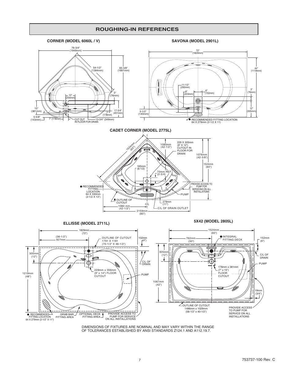 Roughing-in references, Cadet corner (model 2775l), Ellisse (model 2711l) | American Standard 2773L User Manual | Page 7 / 14