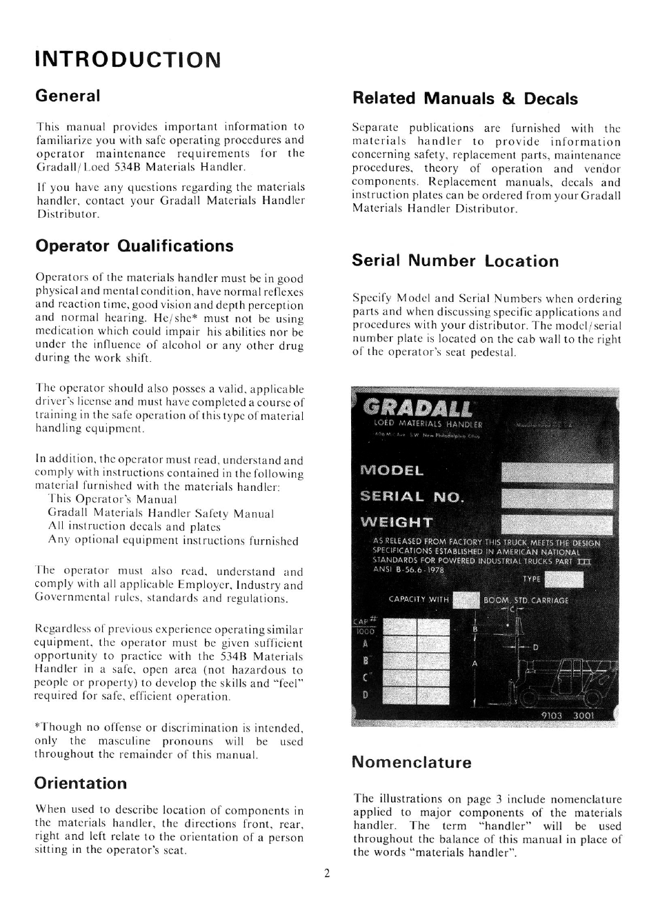 Introduction, General, Operator qualification | Related manuals & decals, Untitled, Orientation, Serial no. location, Nomenclature | Gradall 534B (9020-7317) Service Manual User Manual | Page 8 / 244