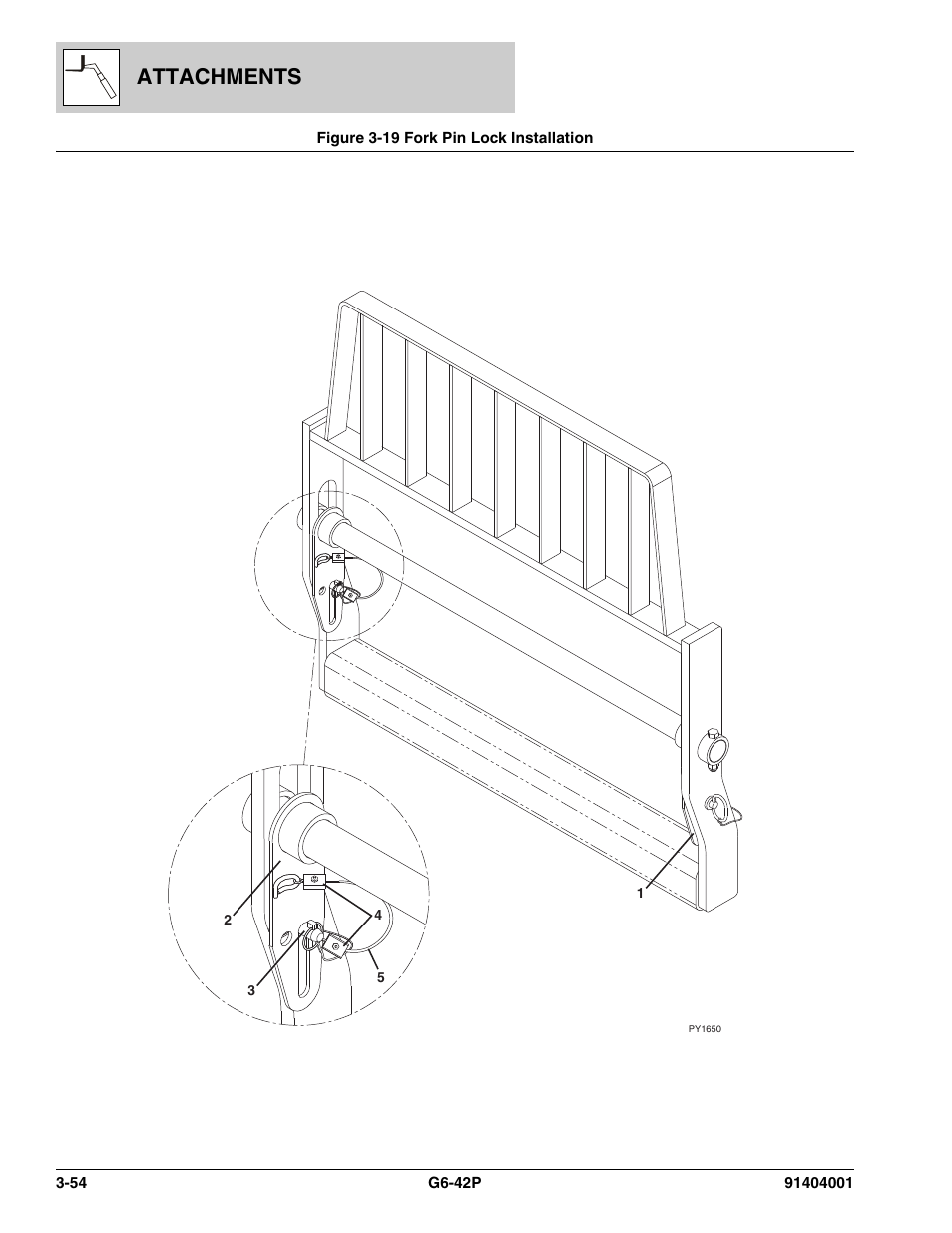 Figure 3-19 fork pin lock installation, Fork pin lock installation -54, Attachments | JLG G6-42P Parts Manual User Manual | Page 102 / 556