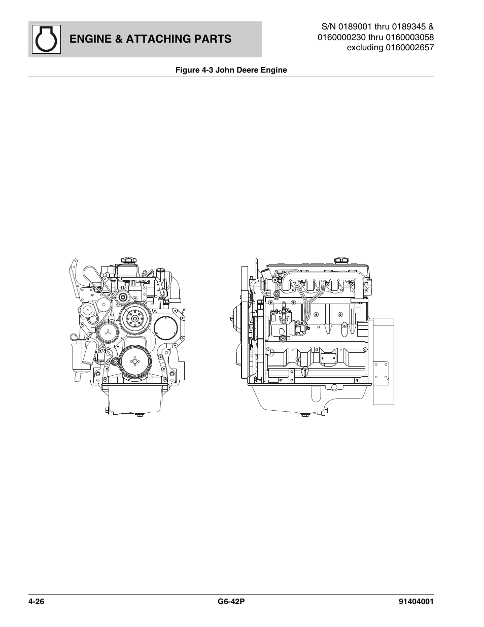 Figure 4-3 john deere engine, John deere engine -26, Deere engine, (see figure 4-3 for details) | Engine & attaching parts | JLG G6-42P Parts Manual User Manual | Page 142 / 556