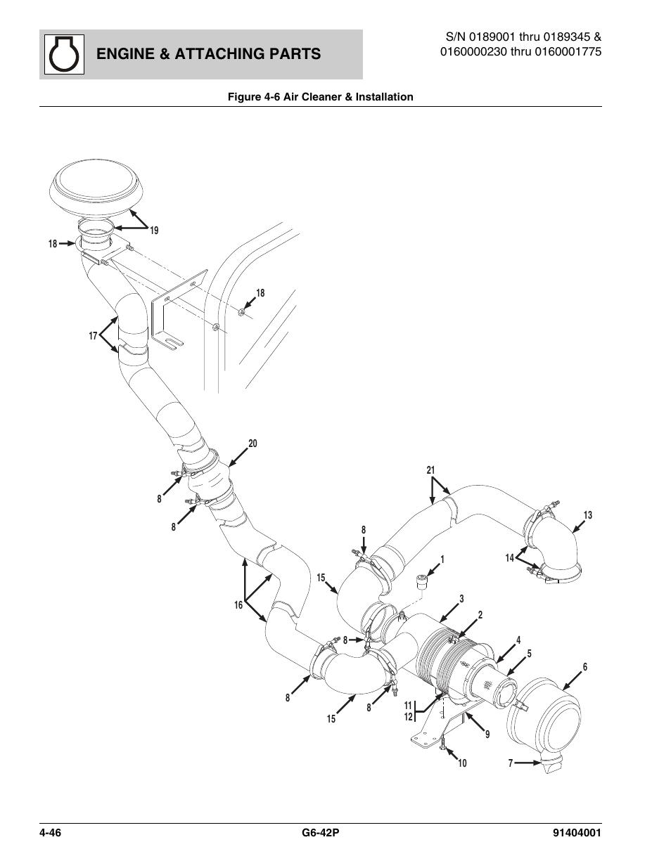 Figure 4-6 air cleaner & installation, Air cleaner & installation -46, S, (see figure 4-6 for details) | See figure 4-6 for details), Engine & attaching parts | JLG G6-42P Parts Manual User Manual | Page 162 / 556