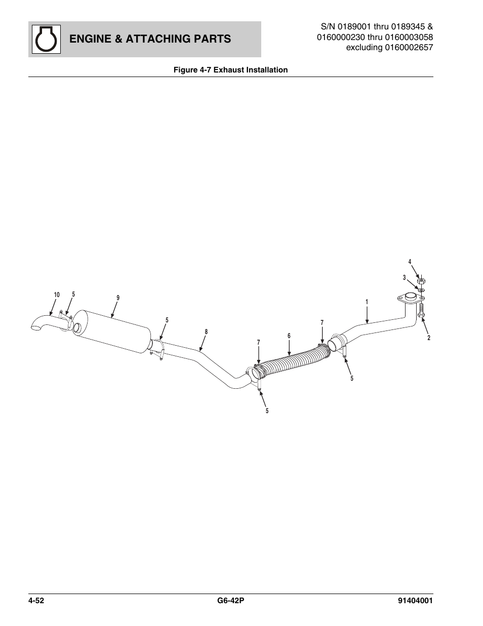 Figure 4-7 exhaust installation, Exhaust installation -52, S, (see figure 4-7 for details) | Engine & attaching parts | JLG G6-42P Parts Manual User Manual | Page 168 / 556