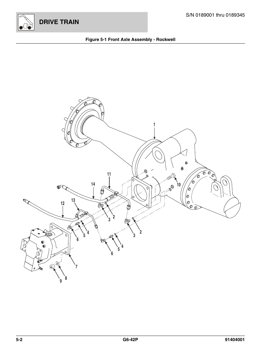 Figure 5-1 front axle assembly - rockwell, Front axle assembly - rockwell -2, Drive train | JLG G6-42P Parts Manual User Manual | Page 174 / 556