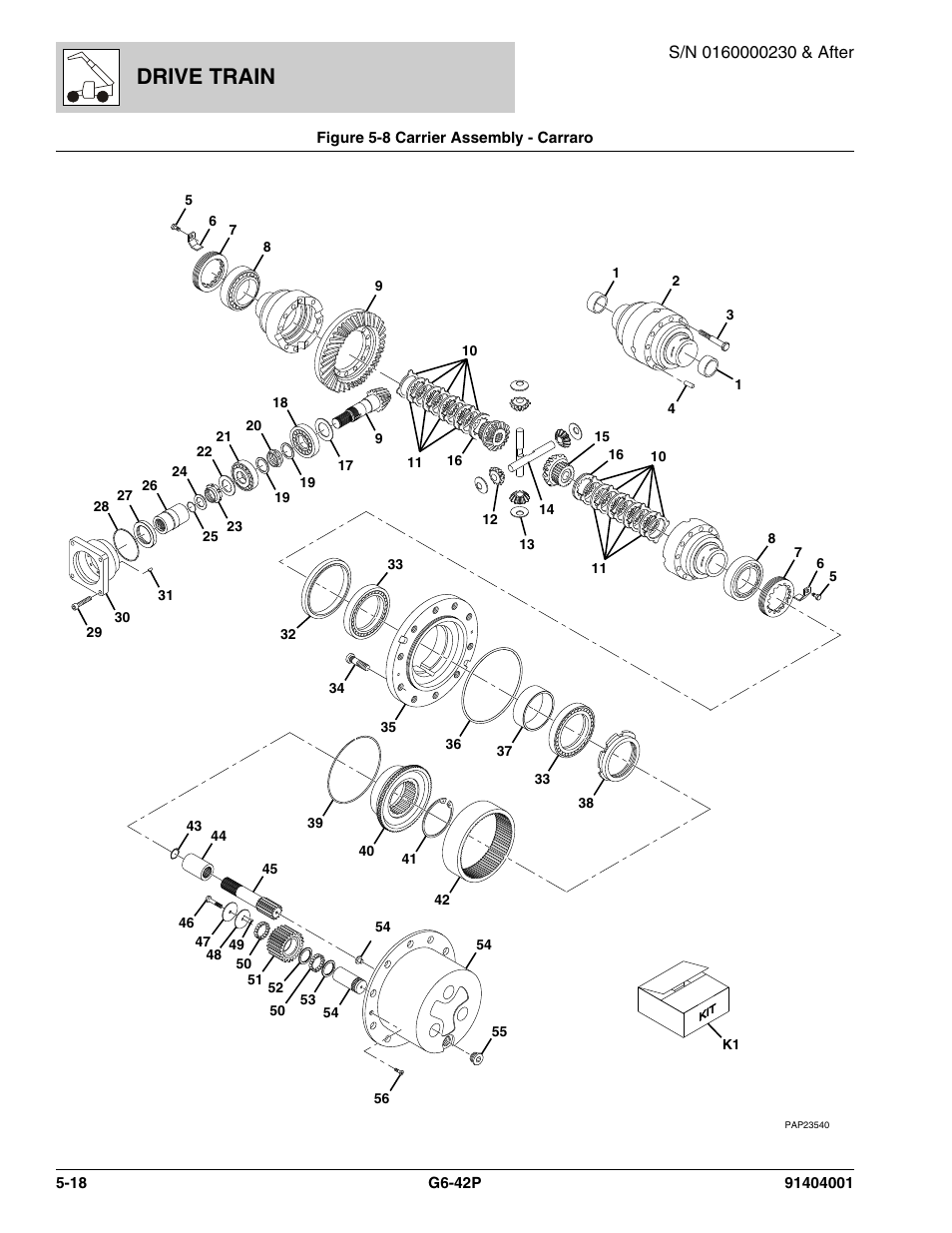 Figure 5-8 carrier assembly - carraro, Carrier assembly - carraro -18, Housing assy, (see figure 5-8 for details) | Drive train | JLG G6-42P Parts Manual User Manual | Page 190 / 556